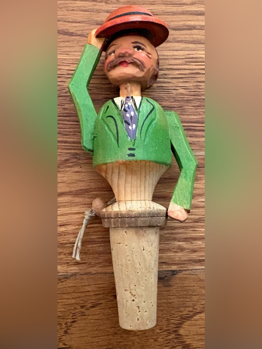 Hand Carved Moving Figure Wine Bottle Stopper/Cork, Vintage